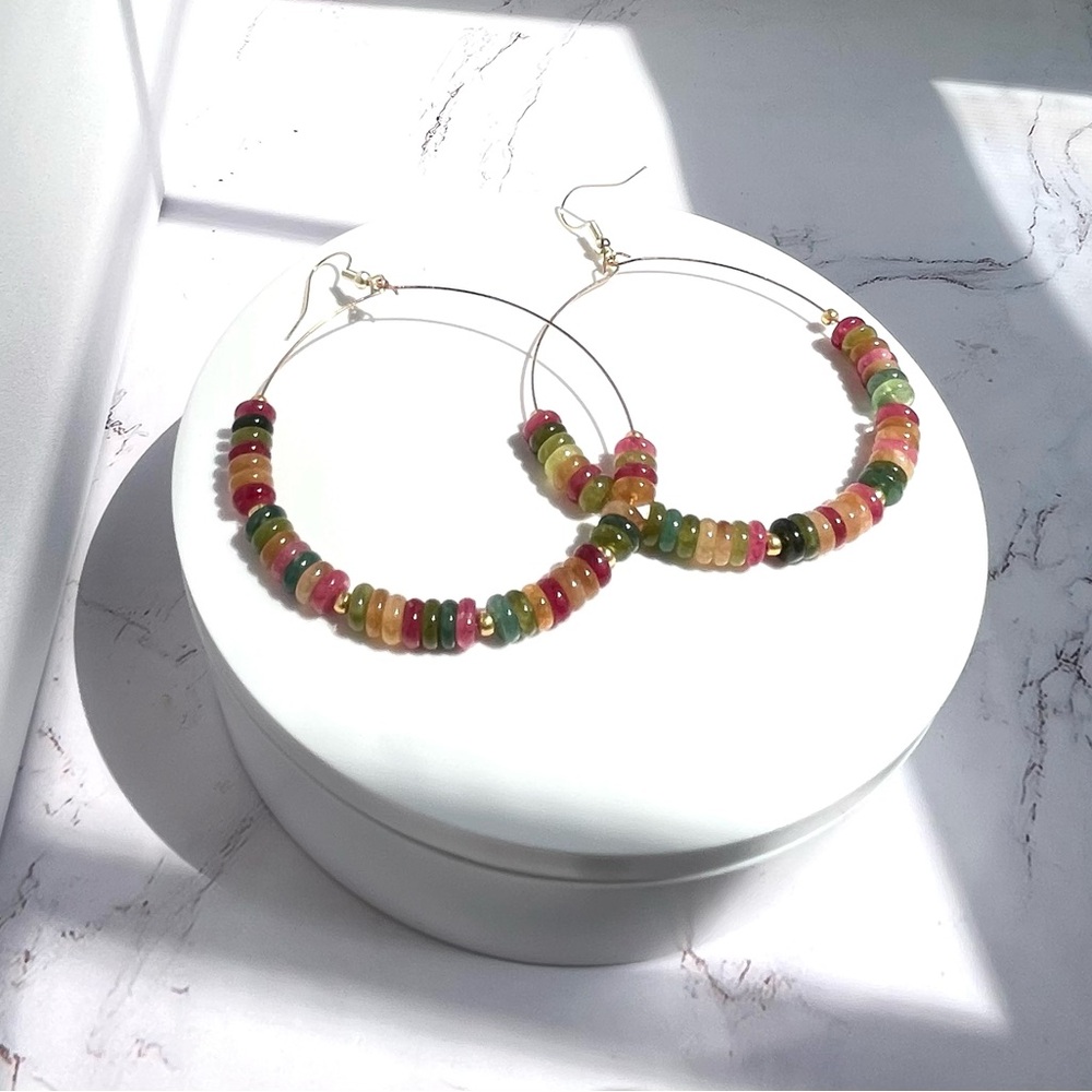 Handmade Watermelon Tourmaline Gemstone Beaded Hoop Earrings Boho - Picture 4 of 6